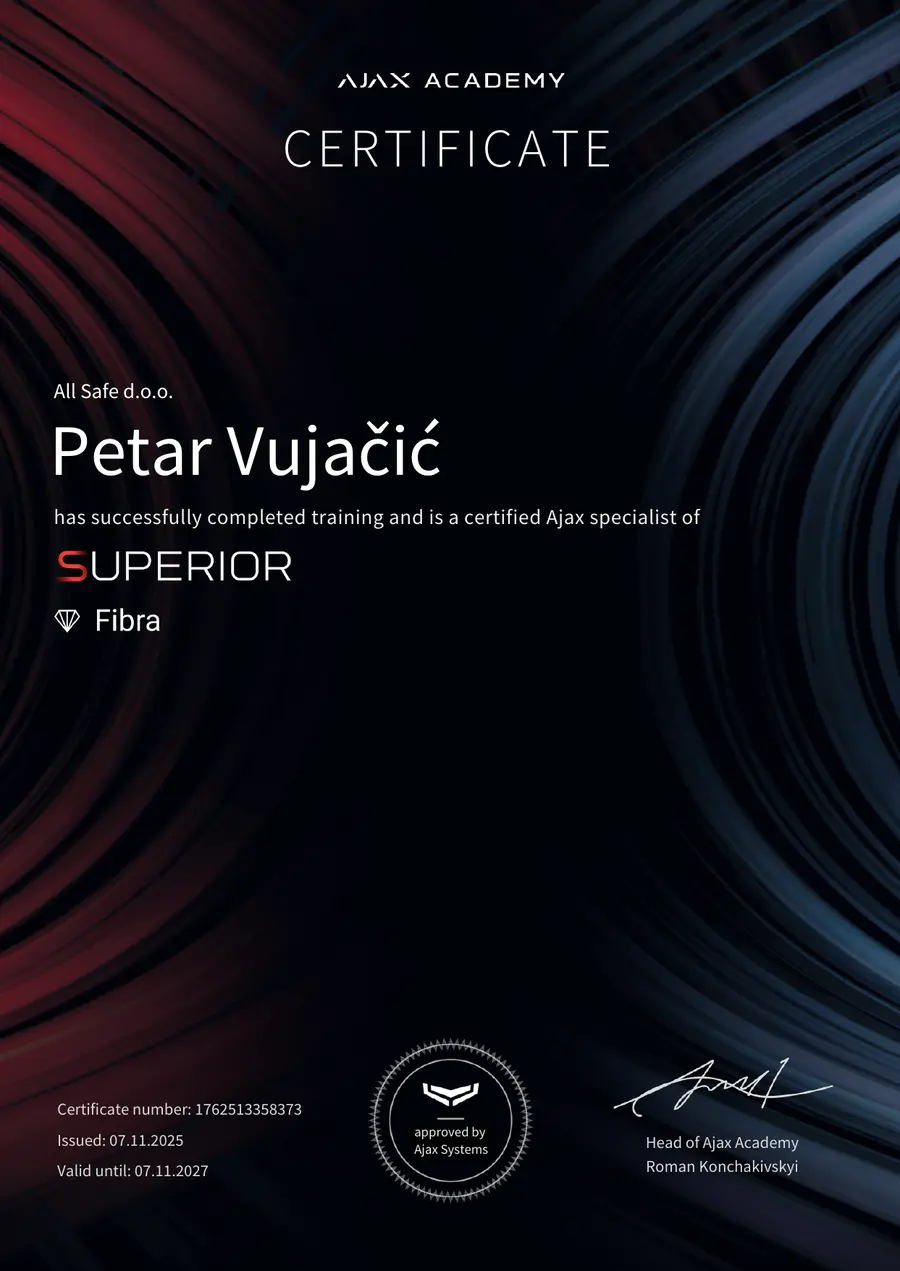 Ajax Academy Superior Fibra sertifikat za Petra Vujačića, All Safe D.O.O.